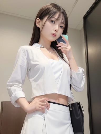 Japanese female, (underweight), (flat chest best quality:1.5), 30 years old,
thinking, (making a call on a smartphone:1.4), facing right, (white business suit, white skirt), with a smartphone, in the office, cowboy shot, from below