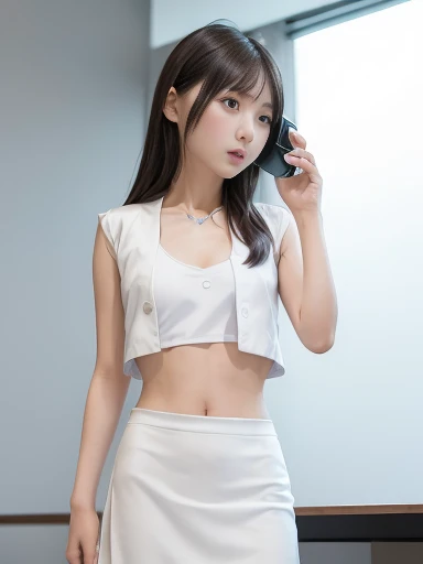 Japanese female, (underweight), (flat chest best quality:1.5), 30 years old,
thinking, (making a call on a smartphone:1.4), facing right, (white business suit, white skirt), with a smartphone, in the office, cowboy shot, from below