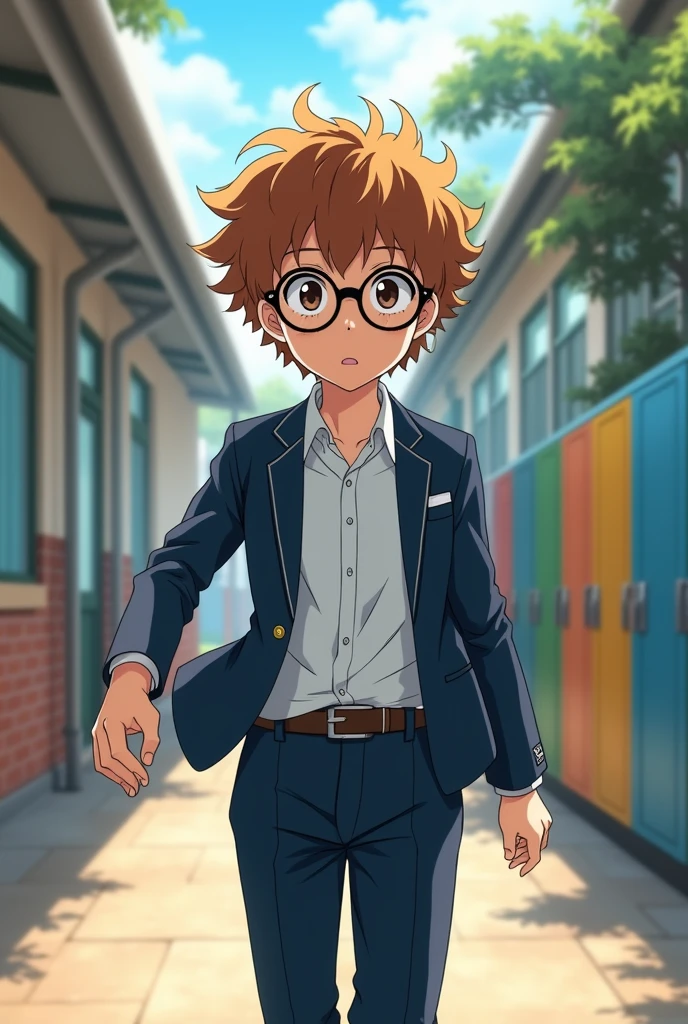 teen boy with brown curly hair with glasses in a japanese high school uniform, looks anxious but cheerful, anime