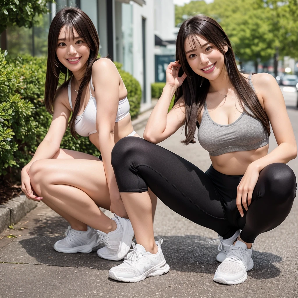 rie,One Woman,(best quality), (ultra detailed), (absolutely resolution), Face is front,Highly revealing, 24-years-old, Full body standing,Perfect Proportions,Perfect body,Beautiful legs, Cross strap bra and mini leggings, (sneakers), Brown Hair, smile