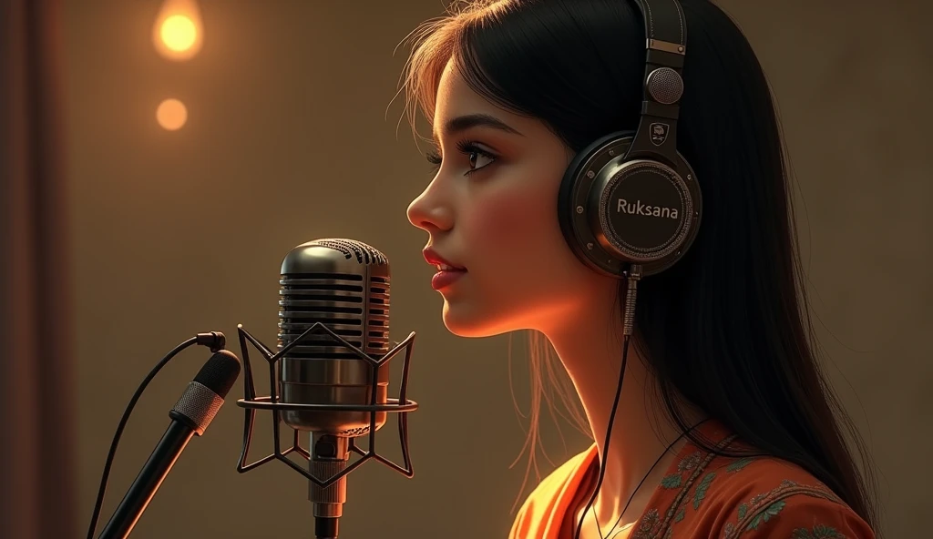 A beautiful girl , singing song using headphone and mic , on mic write Ruksana name ,, a girl with kurta and dupatta , long straight nice open hairs,