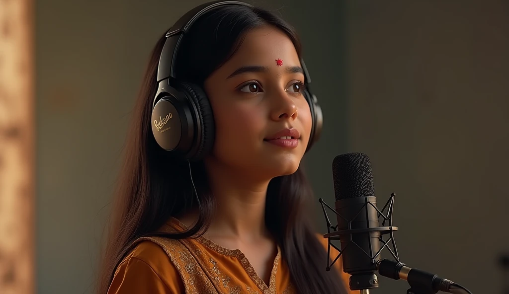 A beautiful girl , singing song using headphone and mic , on mic write Ruksana name ,, a girl with kurta and dupatta , long straight nice open hairs,