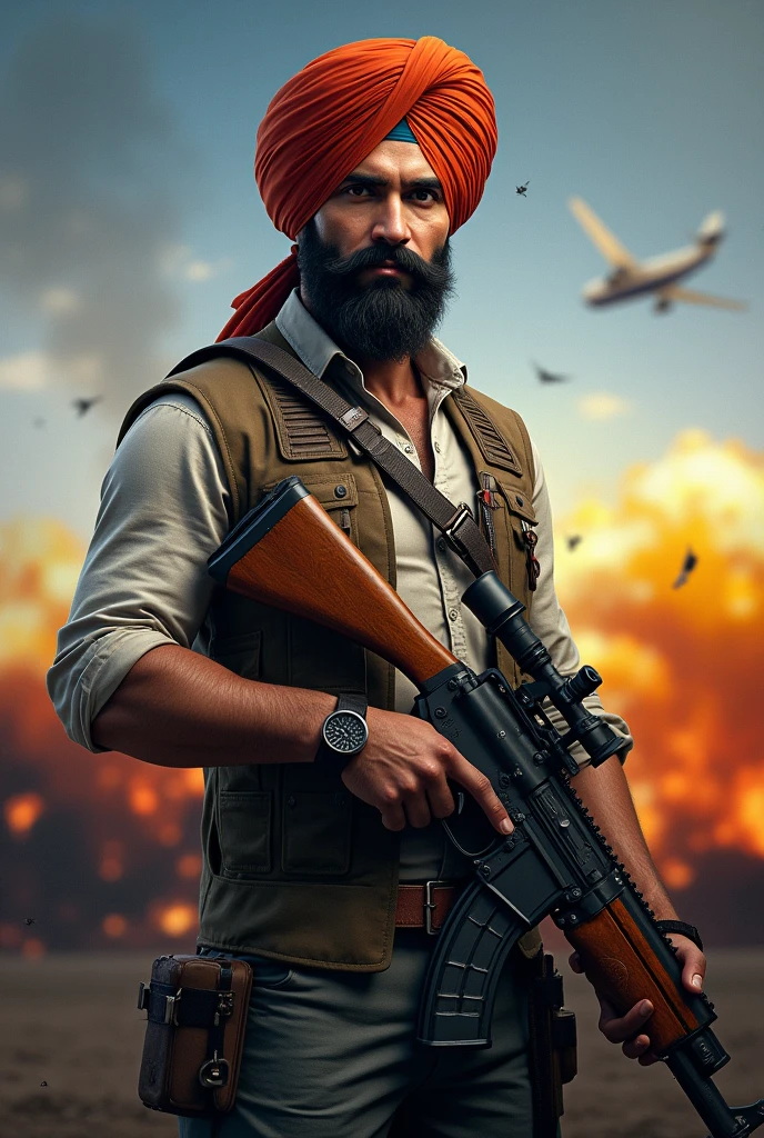 Create a half  picture(include shoulder s)with punjabi turban,less beard and gun on shoulder and background with pubg items such as Pan,ganrade, AWM, bullets , aeroplane ,airdrop etc
