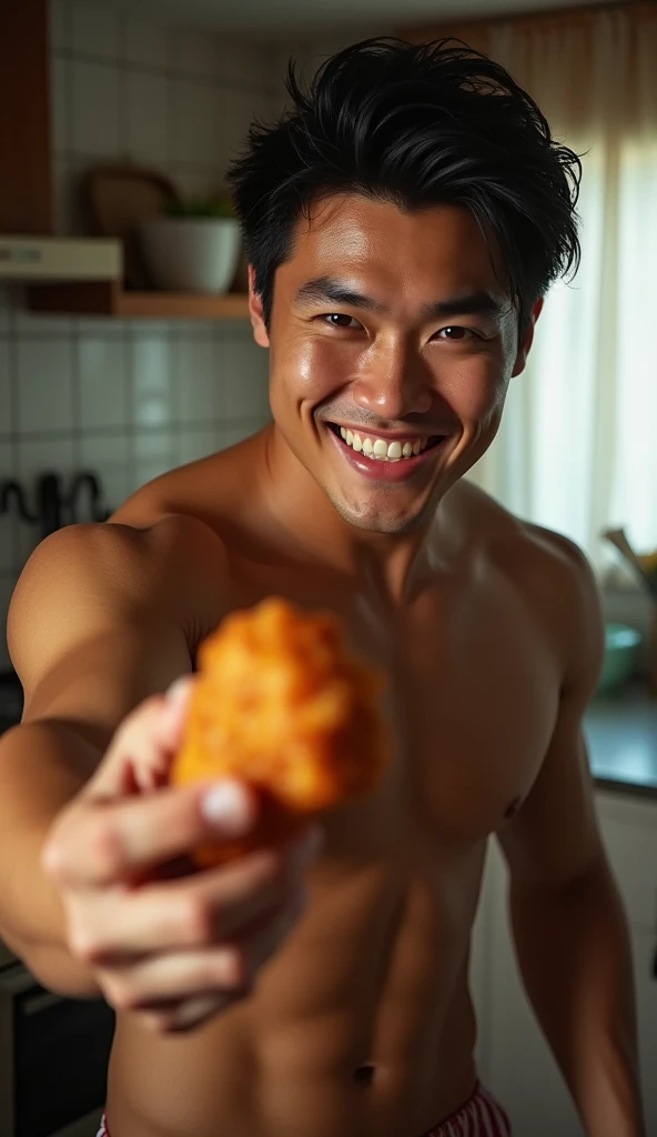 photorealistic, best quality, masterpiece, extremely detailed, masculine, sexy, homoerotic, extremely handsome, 30 year old japanese man, muscular build, big smile, topless, offers a fried chicken drumstick towards the camera, in homey kitchen, cinematic shadows, dreamy atmosphere, perfect face, perfect fingers, perfect hands, perfection