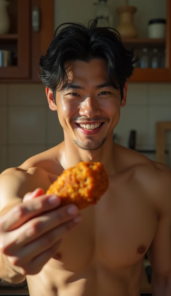 photorealistic, best quality, masterpiece, extremely detailed, masculine, sexy, homoerotic, extremely handsome, 30 year old japanese man, muscular build, big smile, topless, offers a fried chicken drumstick towards the camera, in homey kitchen, cinematic shadows, dreamy atmosphere, perfect face, perfect fingers, perfect hands, perfection