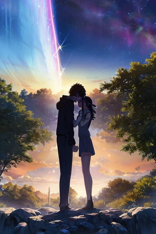 A sparkling crystal bridge spans the infinite universe, connecting two gigantic rainbow-colored planets, creating an otherworldly spacescape. Stars and galaxies sparkle like celestial jewels in the background, illuminating the fantastical journey. Two men and women, dressed in uniforms, are holding hands as they look up at the sky.