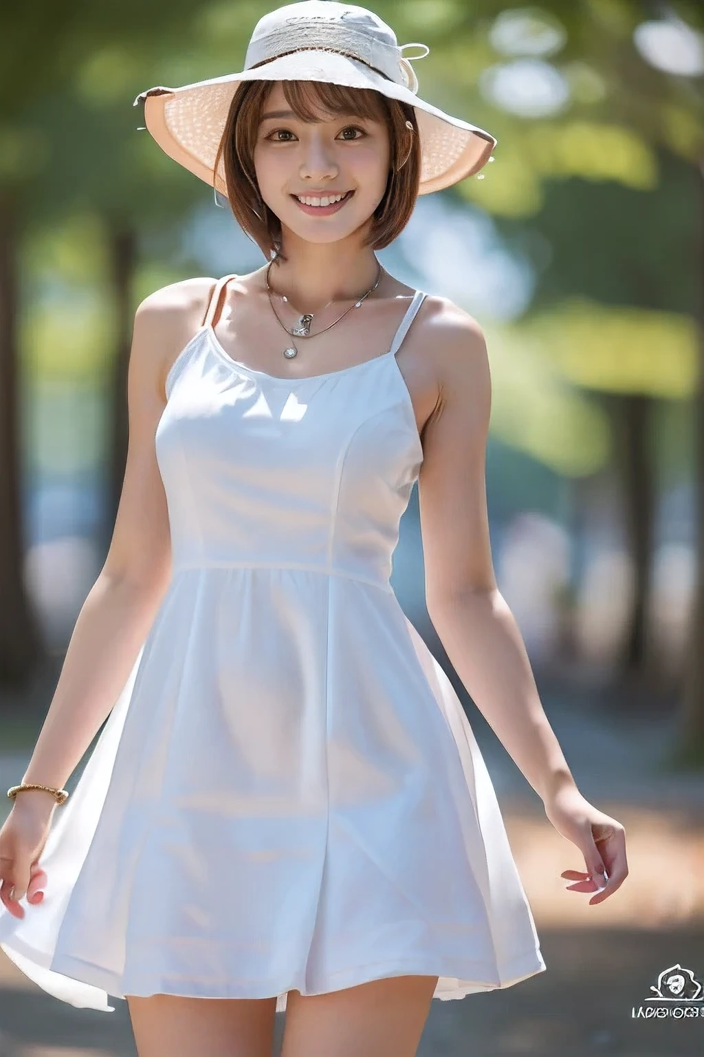 (at the park:1.5)、(Wearing a hat on a summer day:1.5)、(A cute smiling 18-year-old woman:1.5)、(The best quality at its best:1.4), (Super detailed), (Very detailed CG unified 16k), Beautiful woman with perfect figure: 1.4, Sharp focus: 1.2, Very detailed, High-quality RAW color photos, Professional photography, Great face and eyes, cosmetics, (Amazingly beautiful girl), ((White dress:1.5)), Realistic movie faces, Full body long view from head to toe, Realistic, ((Realistic natural orange red hairstyle)), ( Short Bob Hair:1.5), (necklace:1.5)、, Very beautiful face, Perfect model beauty, Mouth swelling, Very detailed face and skin texture, Fine grain, double eyelid, Medium chest, (masterpiece), Highest quality, High resolution, Very detailed, Blurred Background, Depth of written boundary, Cinema Lighting, Great legs, , Clear, well-maintained skin,((Full body shot from head to toe:1.5))