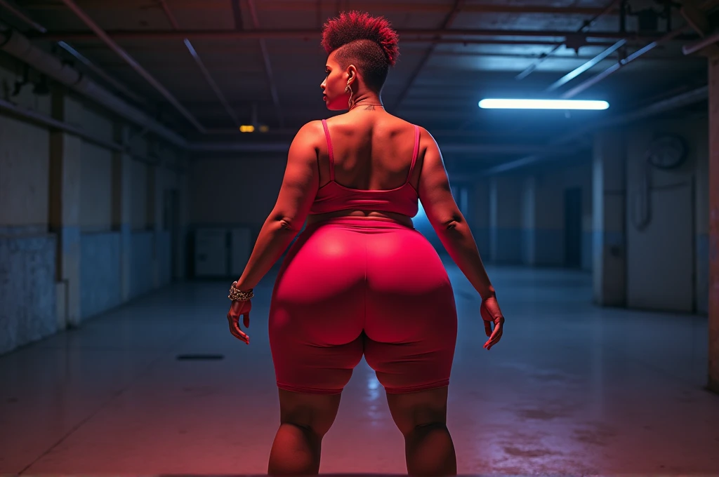 objective: (), Photography, mohawk hairstyle Woman with tan skin complexion while she is wearing naked, Womanly, impossibly small tiny waist abs waistline, portraits, circumference of lower extremities far exceeds 80 inches hips, hyper realistic, she has massively immense hip measurements, intense detail, with the worlds largest buttocks, location random, A bottom-heavy, superior body part, ((masterpiece)), voluptuous lower body, feminine figure, illuminated from the back, bold leggings, Reductionist form, mujercore, vapour wave, bold lines, in the style of Mike Campau, Iris Van Herpen, Howard Schatz, neon and fluorescent lights, Russian-Western, an Inferior Physical Goddess, UHD, embodying a fusion of Christina Hendricks and Jessica Chastain, no nudity, ((Jessica Chastain (with a nod to Christina Hendricks and Claudia Allende))), (((best quality))), nsfw -imagine -