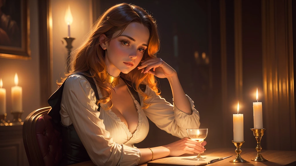 A woman sitting at a table with a candle in her hand, Realistic painting by Delphin Enjolras, tumbler, classical realism, Candlelight, Albert Lynch, hildebrandt, Charles Sillem Lidderdale, greg hildebrandt highly detailed, Candlelight, Delphine Anjoras, Candlelighting, Candlelight, lit in a dawn light