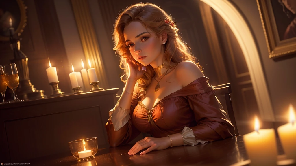 A woman sitting at a table with a candle in her hand, Realistic painting by Delphin Enjolras, tumbler, classical realism, Candlelight, Albert Lynch, hildebrandt, Charles Sillem Lidderdale, greg hildebrandt highly detailed, Candlelight, Delphine Anjoras, Candlelighting, Candlelight, lit in a dawn light