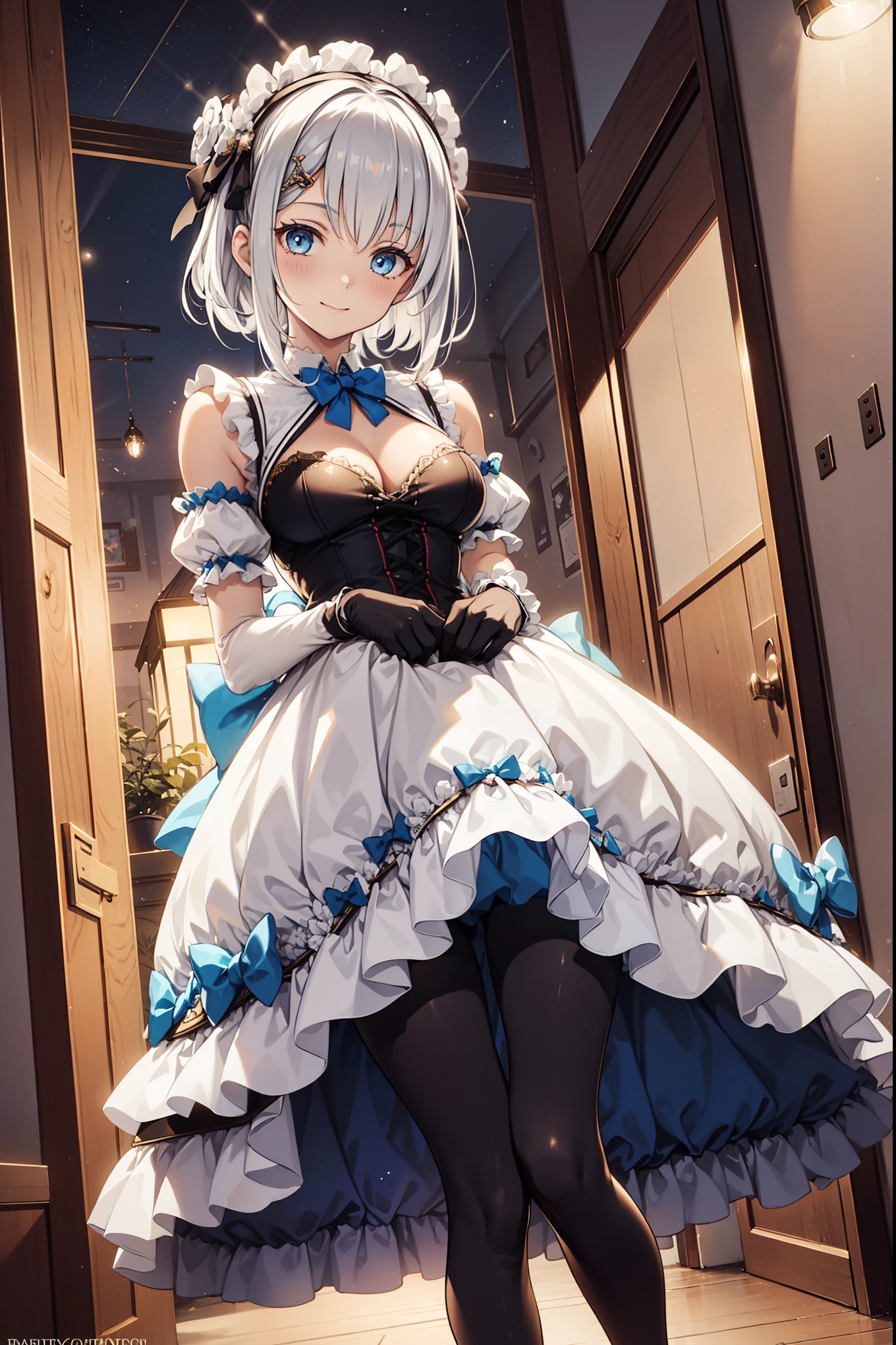 age Girl,Attractions,Having fun,in love,(A girl wearing a colorful shirt, a bodice, and tights.:1.2),(White ruffled bow gloves),White hair,Blue eyes,Sacred headdress,Transparent lace,Beautifully dressed,Alone,European style bedroom,(night:1.1),Delicate and beautiful face,
