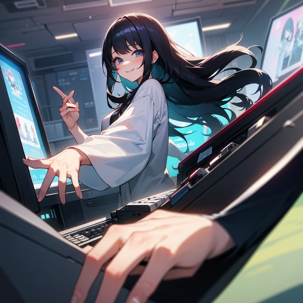 beautiful girl、smile、Playing games on PC、Black Hair、Long Hair