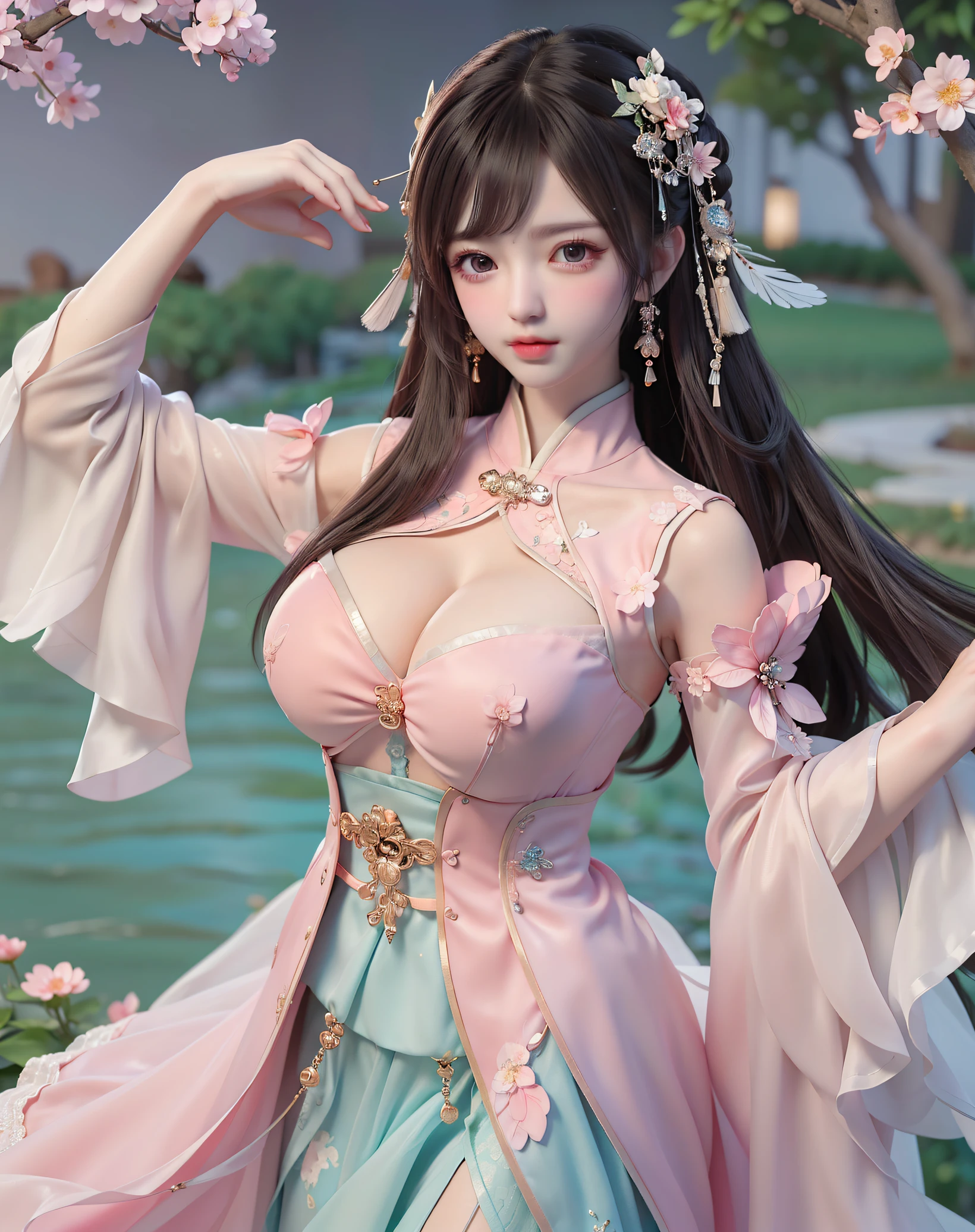 (8k, RAW photo:1.2), best quality, ultra high res,dramatic angle,(fluttered detailed color splashs), (illustration),(((1 girl))),(long hair),(rain:0.9), (Headdress:1.4),There is an ancient palace beside the girl,Hanfu,(Key Points),Color ink painting,(Splash of Color),Splash of Color,(((colorful))),(sketch:0.8) , Masterpiece, best quality, beautiful painted, highly detailed,(denoising:0.6),[splash ink],((ink refraction)), (beautiful detailed sky),moon,highly,detaild,(masterpiece, best quality, extremely detailed） CG Unity 8k Wallpaper，masterpiece，best quality，Ultra Detailed），（Lycoris）. hanfu open v open V-chested clothes Thin silk lace dress , (huge ，cleavage),, white pink and gren，best qualtiy，tmasterpiece，Ultra-high resolution，（Reality：1.4），RAW photogr，（True skin texture：1.3），（filmgrain：1.3），（Selfie angle），1个Giant Breast Girl，Beautiful eye and face details，tmasterpiece，Best quality at best，，The chest more exposed， detailed hair, bra green and pink white , detail 8k, upper body, lace petticoat
