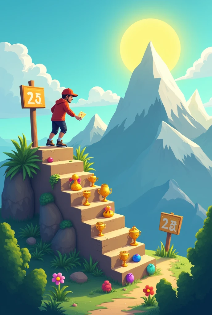 Player climbing mountain
Steps with small trophies and medals
Virtual currency and rare items on steps
Distant mountain peak with large reward
Leaderboard on the side
Achievement system icons
Bright sky with sun
Encouraging signposts
Green plants and flowers
Other climbers in the background
Positive and motivational atmosphere