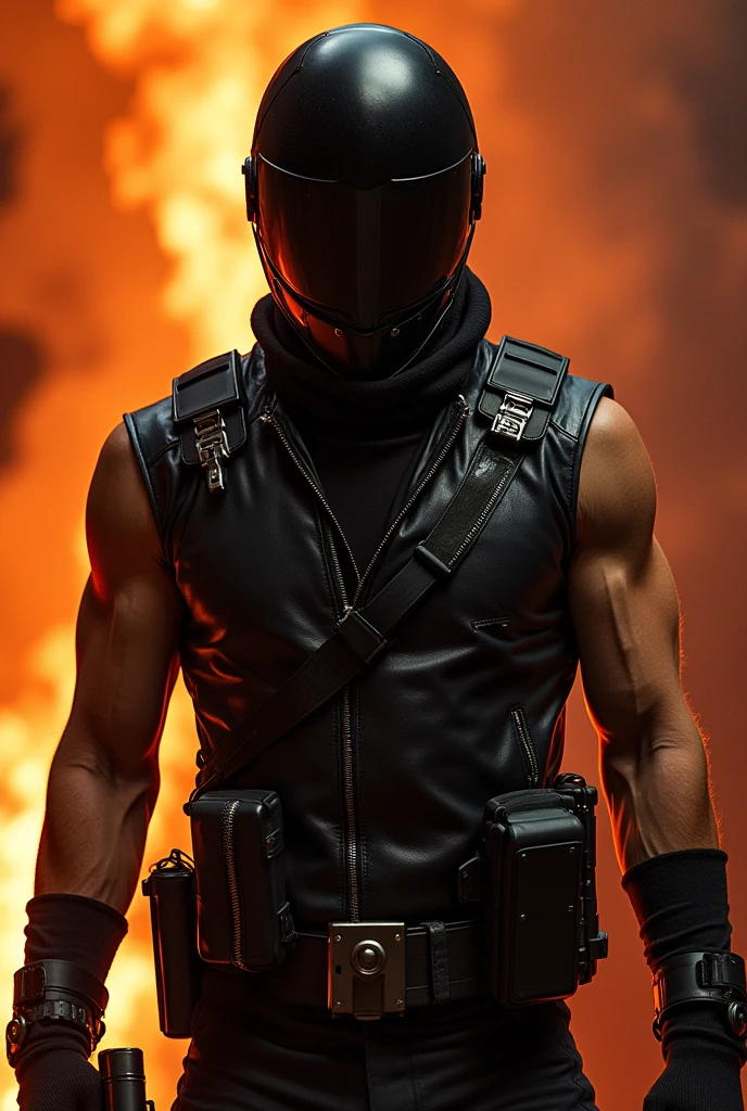 a man, full-face helmet, sleeveless black leather jacket, flamethrower, Movie Poster, "The Exterminator", 