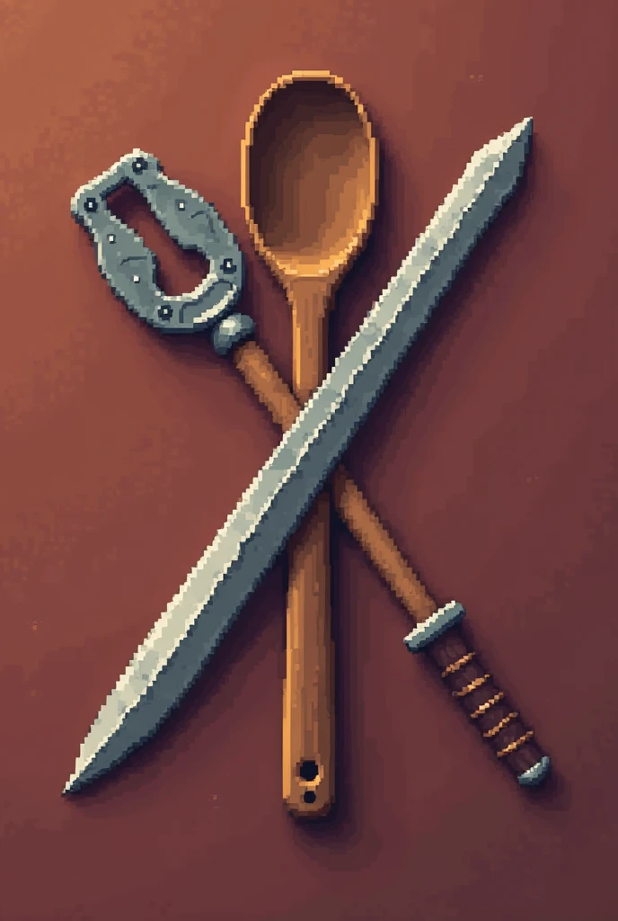 (pixel art 16 bits),logo, wooden spoon crossed with a sword