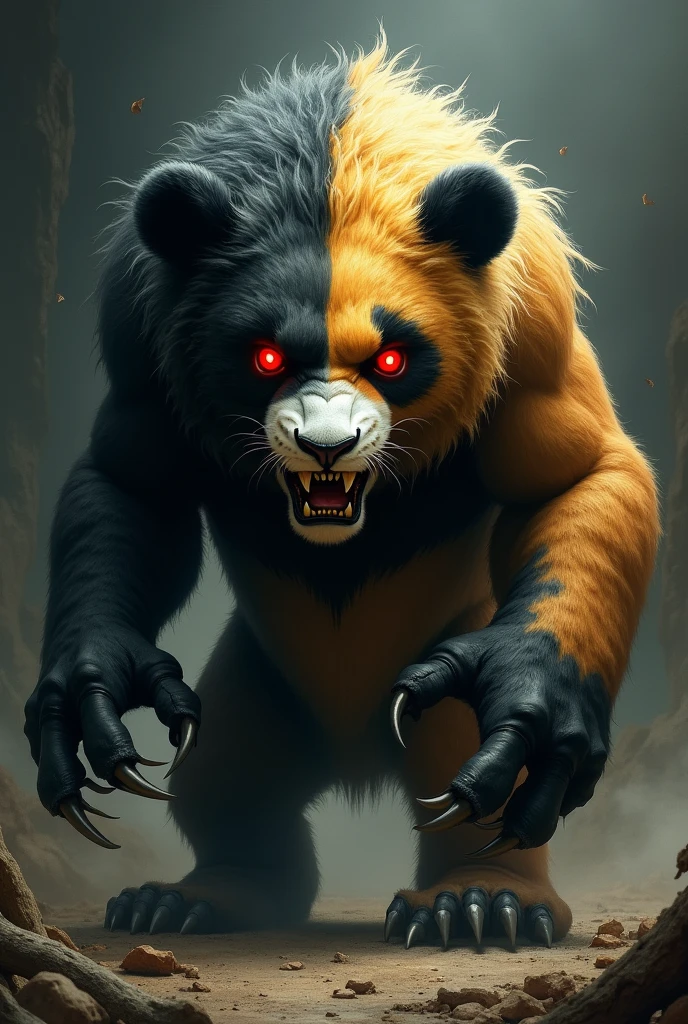 Imagine A panda with half the color of a panda and half the color of a lion, very dangerous and bloodthirsty in appearance, red eyes full of anger, a -like face, long body hair and large nails.