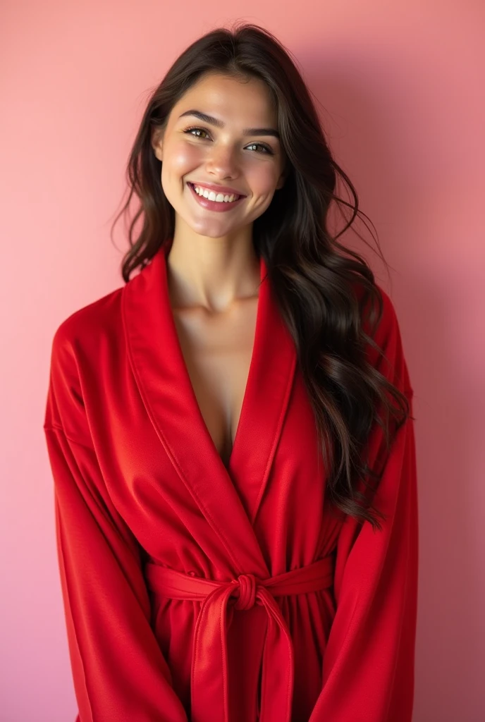 22 year grils Beautiful  Young slim woman in red bathrobe smiling on a pink background in the studio. Sexy girl with beautiful healthy long hair and beautiful smile