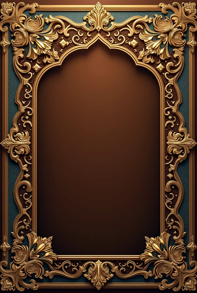 Brown background with Persian illumination border in rectangle shape and metallic gold more enhanced and colorful