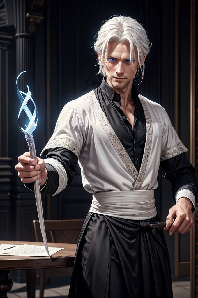 A man with blue eyes, a black suit, white hair, medium-length hair tied back, and an average body build, is holding a short staff with white embroidery on black. He holds the wand towards the parchment on the table and casts a spell. His entire body can be seen in a dimly lit environment. realistic digital art