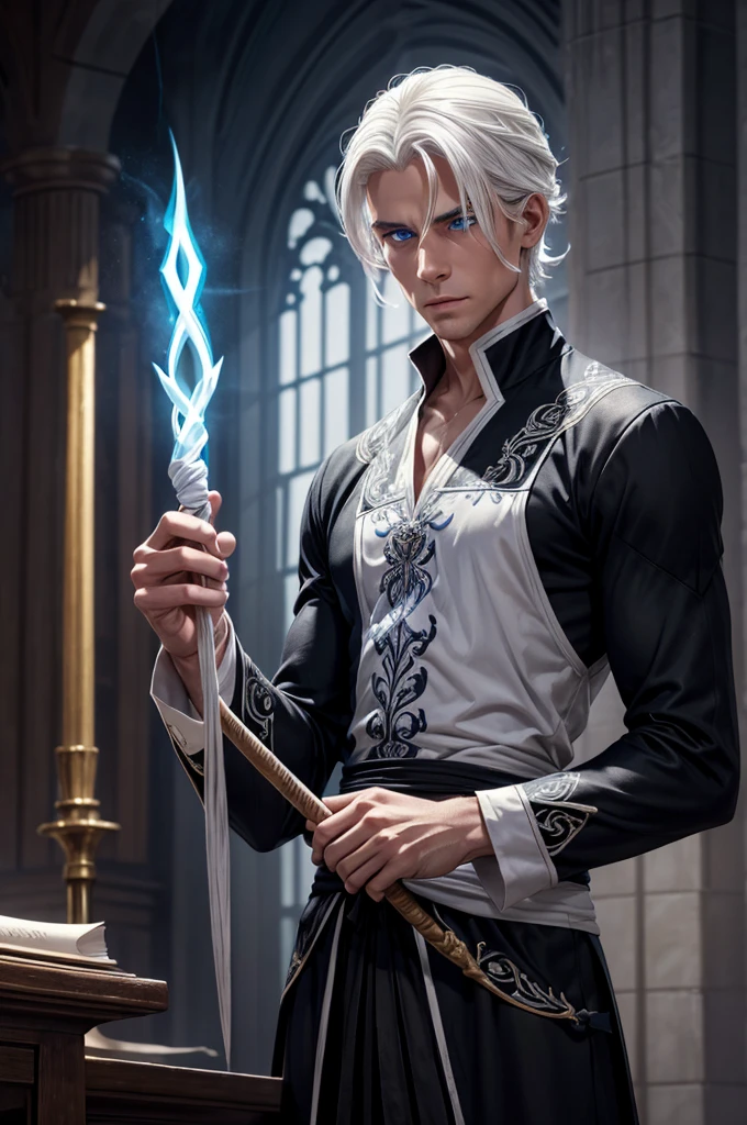 A man with blue eyes, a black suit, white hair, medium-length hair tied back, and an average body build, is holding a short staff with white embroidery on black. He holds the wand towards the parchment on the table and casts a spell. His entire body can be seen in a dimly lit environment. realistic digital art