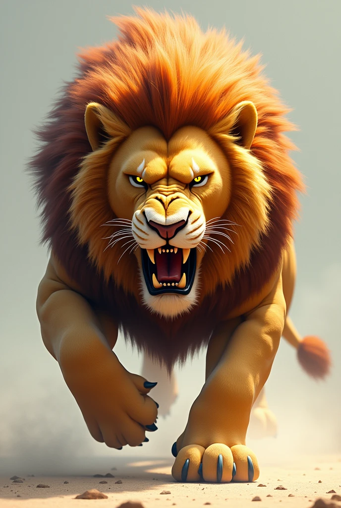 front view of a large angry lion charging forward