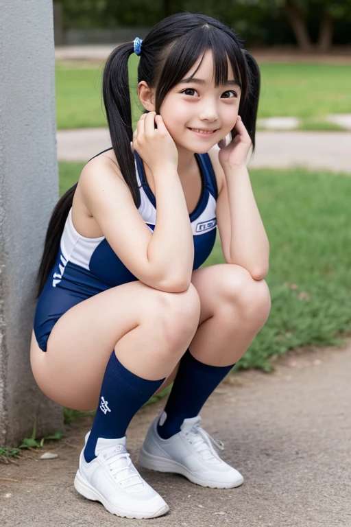 cute, 2 girls, , black hair, twin tails, smile, blush, shiny skin, dark blue school swimsuit, white high socks, crouching, facing forward