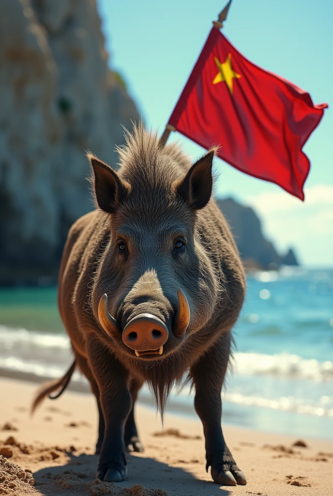 A wild boar carrying a Corsican flag on the beach.