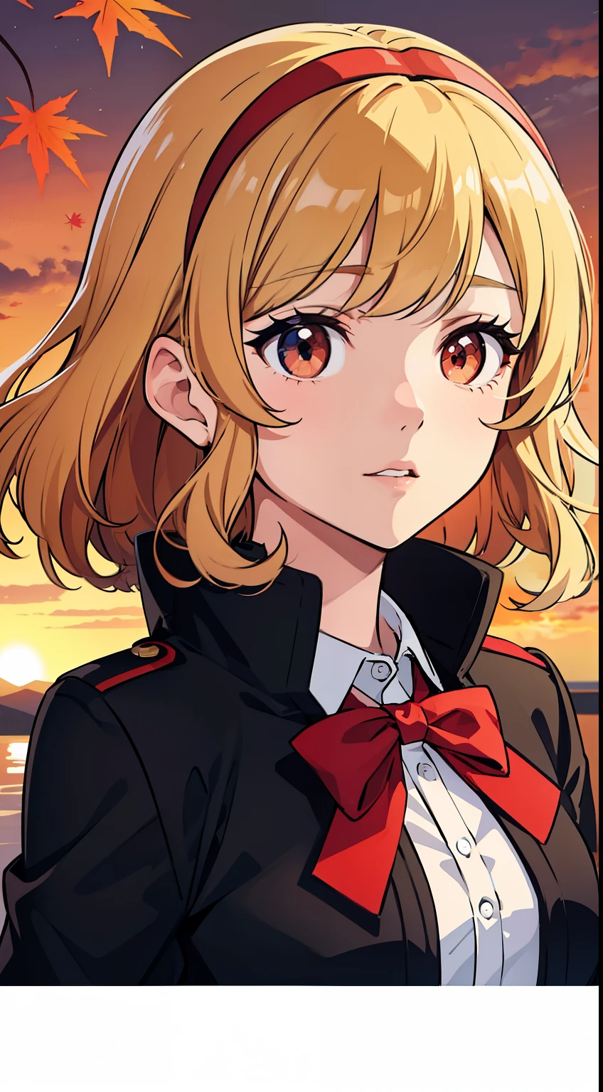 (high-quality, breathtaking),(expressive eyes, perfect face) 1girl, female, solo, teenager, Symmetrical Eyes, light blonde hair, Heterochromia left red and right brown eye color, short hair length, curly wavy hair, red headband, red ribbon in hair, fluffy jacket, shirt, cute black shorts, portrait, autumn theme, autumn background, fantasy school attire, flying maple leaf's, sunset sky
