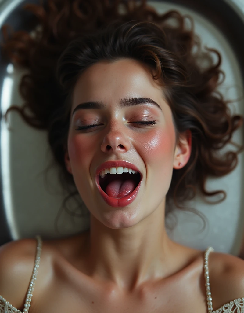 (A young and very beautiful woman is lying on a large silver tray:1.4)、(mouth wide open:1.５)、(Frowning detailed eyebrows:1.５)、Eyes closed:1.1、Detailed sweaty skin:1.0、Detailed eyelids、saliva:1.0、Detailed teeth、Detailed tongue、Blushing、Ears are red、Close up on face、Secret Clubs、Shot from above、