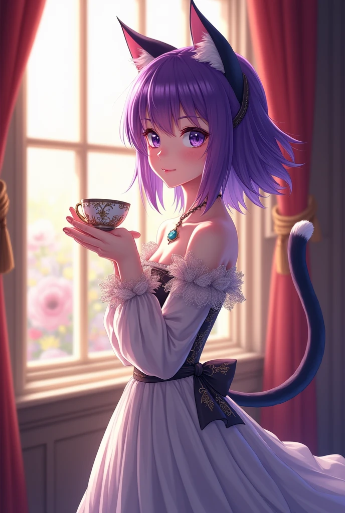 anime girl standing by Window, purple hair, wear a dress content tea cup royal, have tail and ear cat
