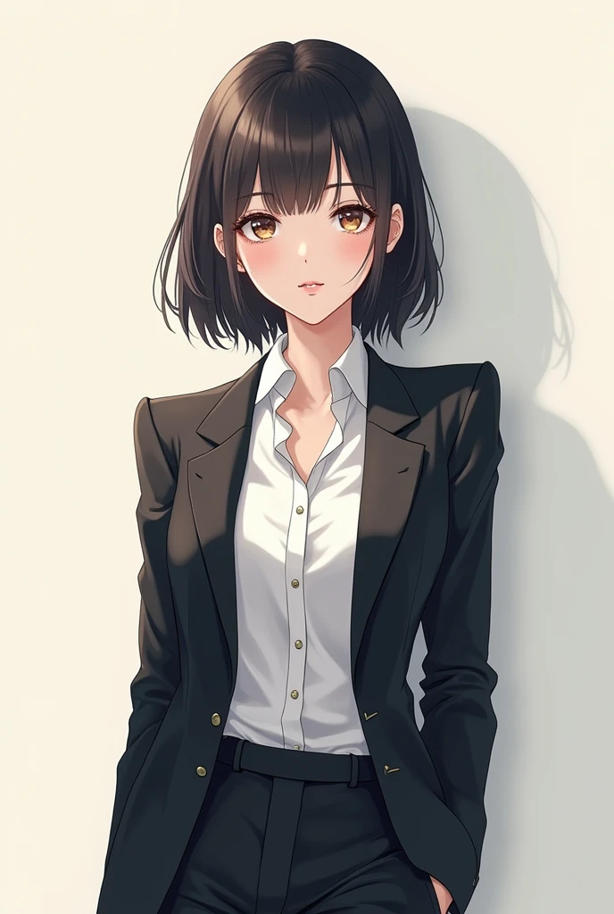 Beautiful woman in a suit, white long sleeve shirt, Plateau and tie, japanese anime style 
