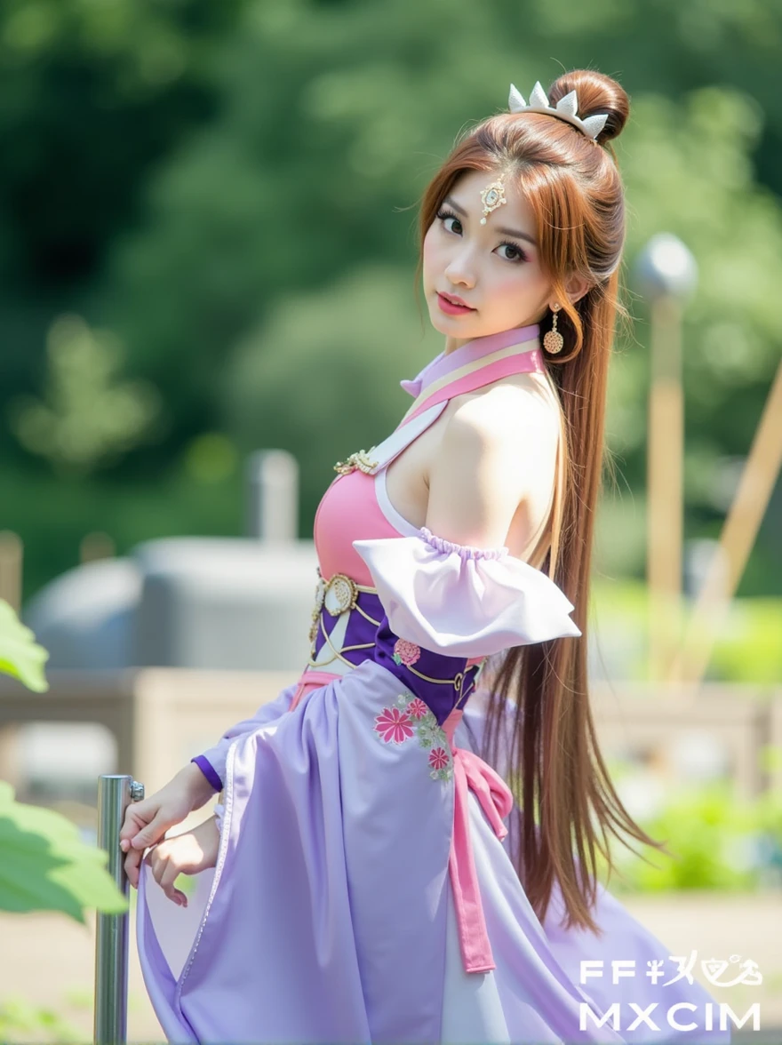 (masterpiece, best quality, 8k, (raw photo:1.2),((photorealistic)), ultra-detailed, highres, extremely detailed), Photo of a attractive woman in diaochan cosplay costume, Kings Impact Diao Chan Cosplay Costume, moderately large breasts, lotus detail, hair accessories, (delicate, gentle pose), pose for photo, (((beautiful eyes))), meticulous makeup, curled eyelashes, ((looking at viewer)), light smile, no background, professional photographer studio lighting, (cosplay character game), ((((((full body))))), (((wide angle))), three of kingdoms