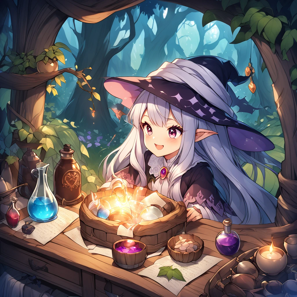 Create an illustration for a fairy tale about an old and evil witch, who lived in an enchanted forest. Where he brews his magic potion