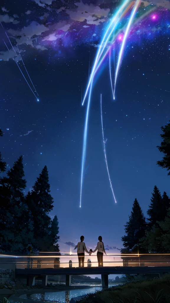 A sparkling crystal bridge stretches across infinite space, connecting two gigantic rainbow-colored planets, creating an otherworldly spacescape. Stars and galaxies sparkle like celestial jewels in the background, illuminating the fantastical journey. Looking up at the sky, a man and woman are wearing school uniforms and holding hands. They are drawn so large that they appear to be far away.