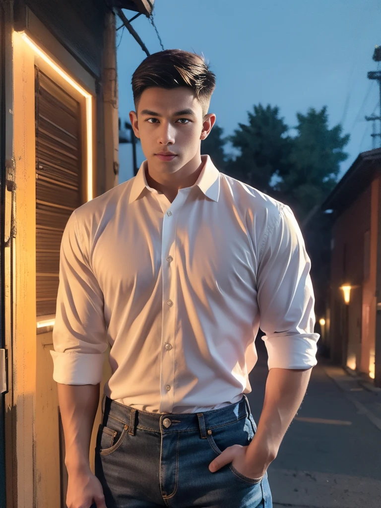 (armface:1.3) , Handsome young man standing, (have a mustache:0.8) , (short hair:1.2), The forearms are muscular., (Collared shirt with buttons:1.2), (white shirt:1.2),Jeans, Big muscles, Handsome and muscular, full body angle, (The front of an old building:1.1), , (nighttime:1.3), Neon lights