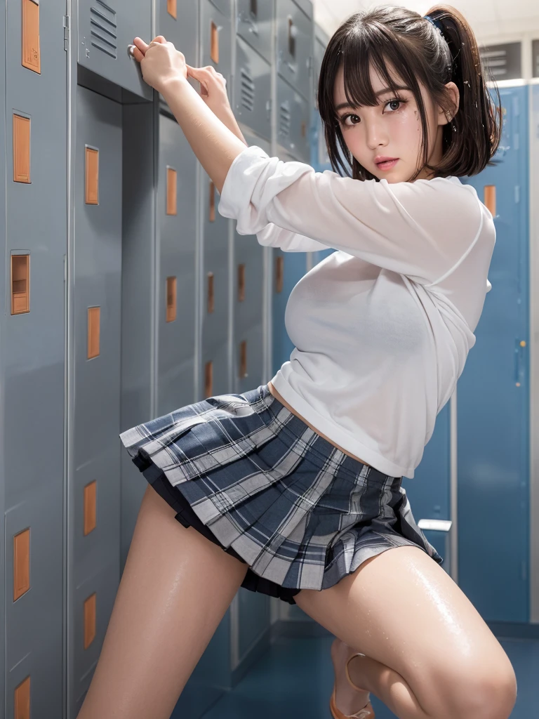 Realistic and high quality photos、Japanese women photos、Cute girl、(nsfw:1.3)、(White shirt)、((black ankle socks))、((bare breasts))、(show off nipple)、(Navy blue short pleated skirt)、Areola、((spread pussy))、barefoot、locker room、Erect nipples、Big Eyes、Baby Face、、Beautiful and neat features、whole body、(middle hair)、((embarrassed)),((spread legs))、((squatting)),(white cum on clothes:1.5),(bukkake:1.2),((from below))、sweat,(pubic hair:1.4),(arms behind back),(urethra),sneakers