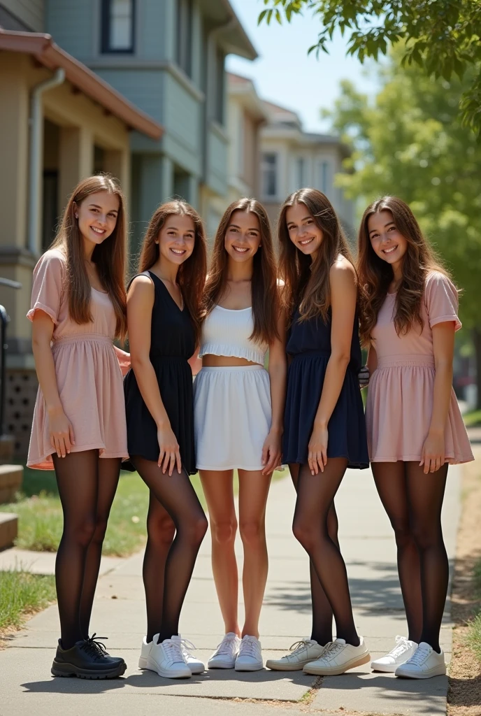 a group of beutiful brown hair teenanger, show entire bodys, all wearing small dress, all wear black thin transparent tights, white sneaker, sunny day, smiling, staying in neighboorhood, aerial photography, 20 years old, realistic
