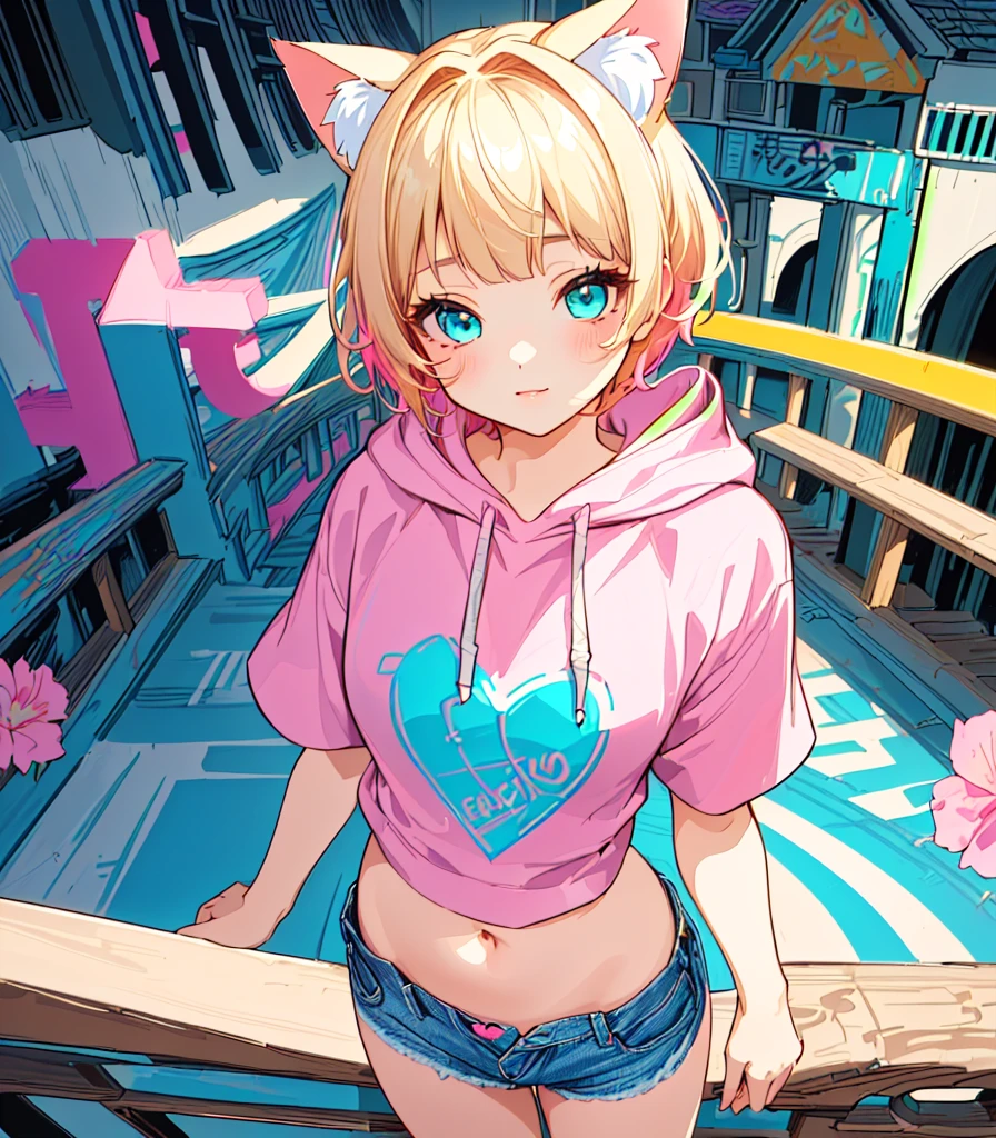 (Highest quality, 4K, High resolution, masterpiece:1.2), Fisheye Lens:1.3，Flat Chest、Very detailed, One person, girl，Very short stature，Very thin thighs，(Ｊc , Pink short sleeve hoodie, Denim shorts), Turquoise Eyes、Blonde Hair、Short Hair、Cat ears of the same color as the hair、Belly button、Big white flower hair ornament、Flat Chest、Graffiti Comics,　Beautiful attention to detail, Baby Face，Beautiful lip detail, Long eyelashes, Vivid and vibrant color palette, bold typography, Detailed illustration of a heart symbol, Comic book style shading, Spray Paint Effect, cartoon elements, Heart Illustration, A bridge pier with colorful letters and illustrations, Urban Background.