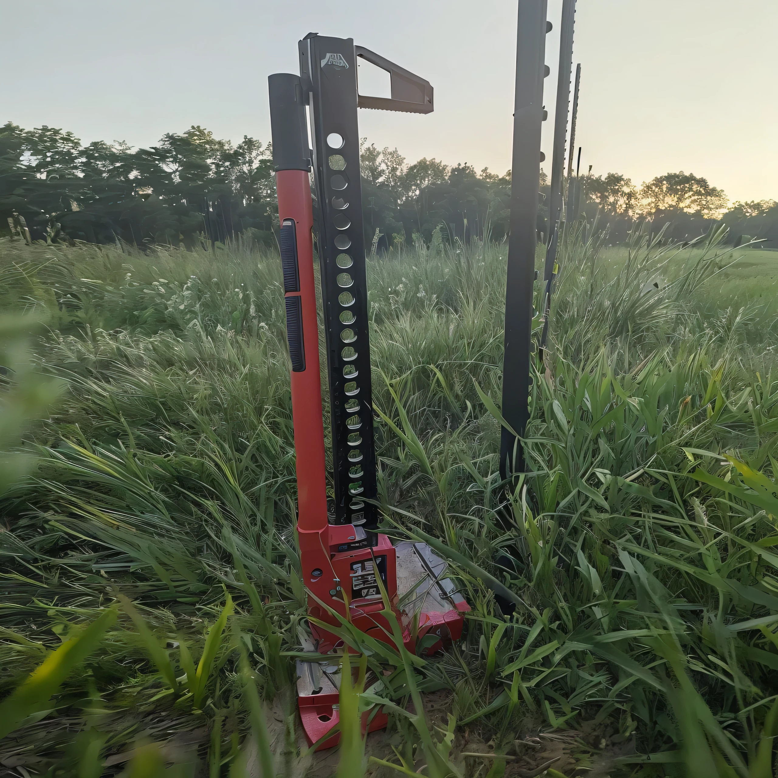 There is a red and black pole in the grass,With red handle, Wide Portrait, Night settings, Eye level view, Long distance shooting, Frontal long shot, 3 / 4 Wide-angle lens, Ground-level perspective shooting, Ground shooting, Mid-range and long-range shots, Working in the fields, Shoot from a distance, From a distance, Bottom Angle,unbelievably realistic,grassland