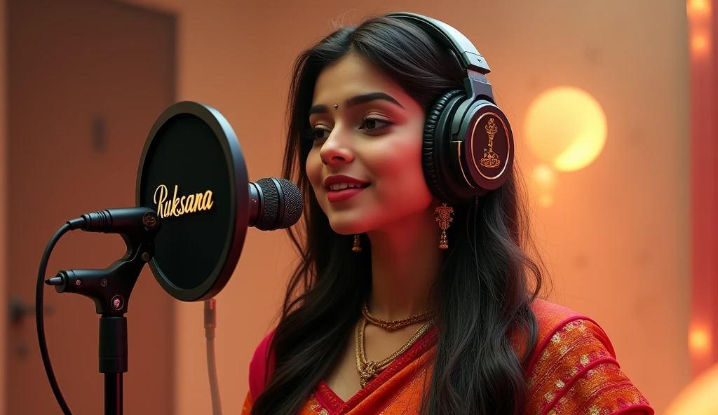 A beautiful girl , singing song using headphone and mic , on mic write Ruksana name ,, a girl with Bollywood clothing , long straight nice open hairs,