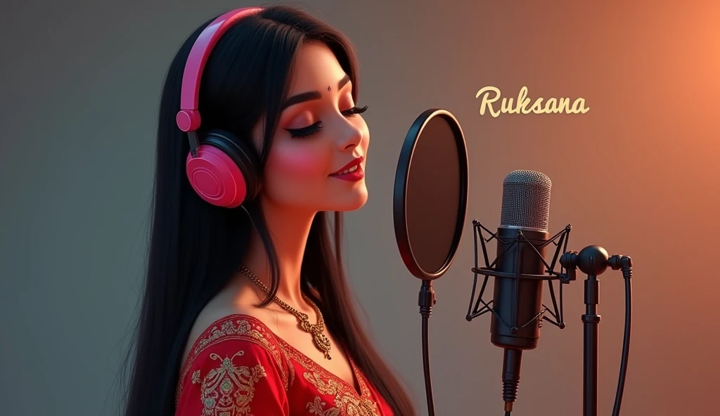A beautiful girl , singing song using headphone and mic , on mic write Ruksana name ,, a girl with Bollywood clothing , long straight nice open hairs,