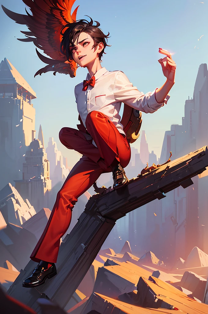 there is a boy riding a garuda bird complete with very detailed and intricate vintage armor, with the Indonesian flag on it, inspired by Rudy Siswanto, cyril rolando and goro fujita, by Rudy Siswanto, indonesia, flying high in the sky, the boy is carrying a waving Indonesian flag, has short hair, with an enthusiastic expression on his face, the boy is wearing a school uniform (((white shirt), (((red trousers))) and black shoes, guweiz style artwork, wojtek fus, epic 3d illustration, inspired by Erik Pevernagie, inspired by Cyril Rolando