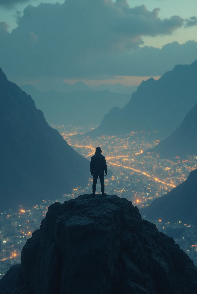 Alone in the world on a mountain looking towards the luminous city

