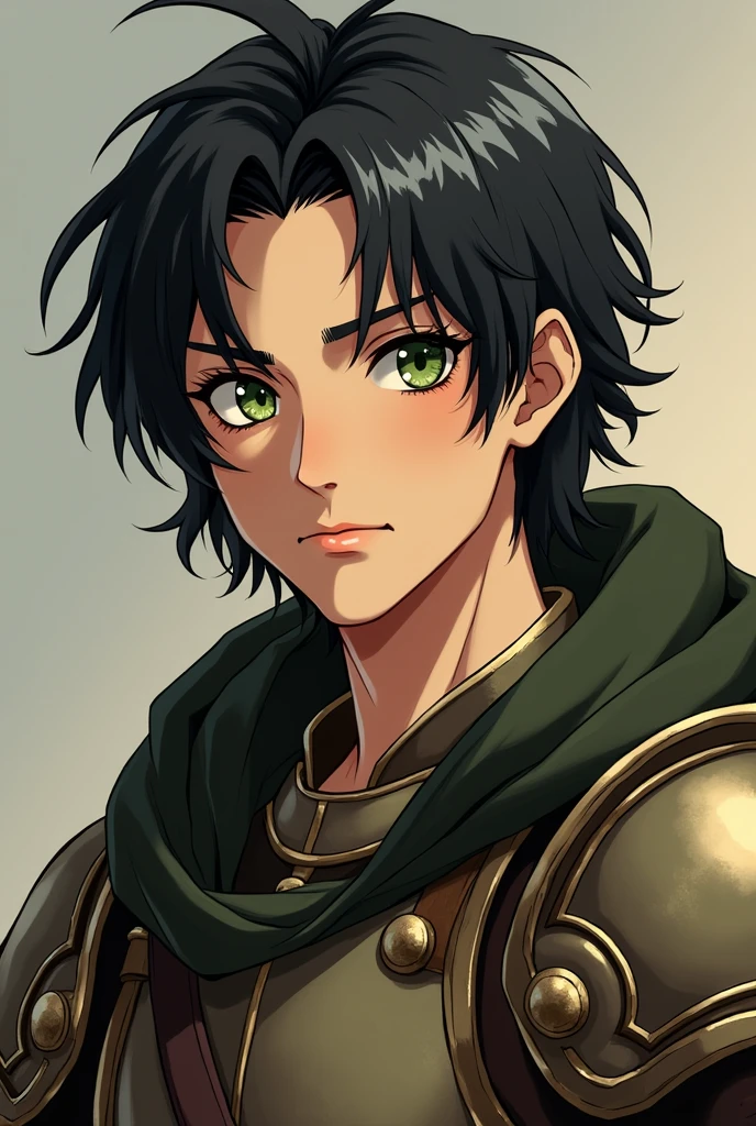 Olive skin, medium length black hair, young handsome man, Nobleman, green eyes, Antiquity, in armor, anime style