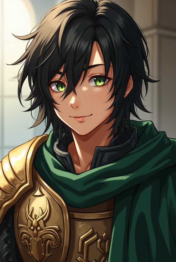 Olive skin, medium length black hair, young handsome man, Nobleman, green eyes, Antiquity, in armor, anime style