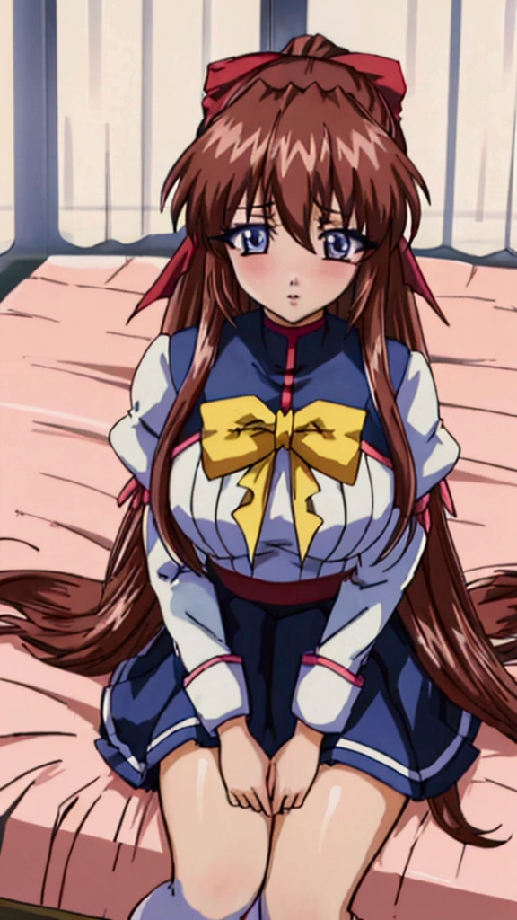 (Anime artwork, Anime Style, Studio Anime, Very detailed, up to date, Vibrant, Anime Coloring Book, High Contrast, masterpiece:1.2, Highest quality, Best aesthetics), (Beautiful and detailed eyes:1.2), Aoikan, 1 girl, Hair Ribbon, school uniform, Long sleeve, bow tie, Blue Skirt,Large midchest, blush, Lips parted, liar, On the bed, Pink Good, Sitting, From above, Lift up your shirt, Skirt Lift, No pants,White knee socks, Asymmetrical bangs, Perfect Proportions, Skin with attention to detail, cute, Detailed face,