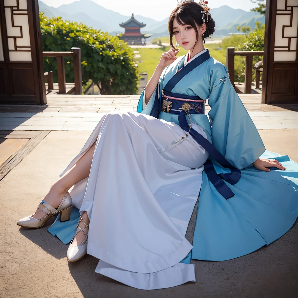 (masterpiece, best quality:1.5), ultra detailed, high resolution, 16k, the most beautiful face in the world, perfect face, delicate facial features, highly detailed beautiful face and eyes, shiny skin, highly detailed background, elaborately designed, fine cloth texture, perfect ???????, BREAK, (gorgeous and stunning lady in hanbok:1.3), perfect make-up, deeply in love, full of elegance, solo, (full body:1.5), (Chang Gyeong Gung palace)