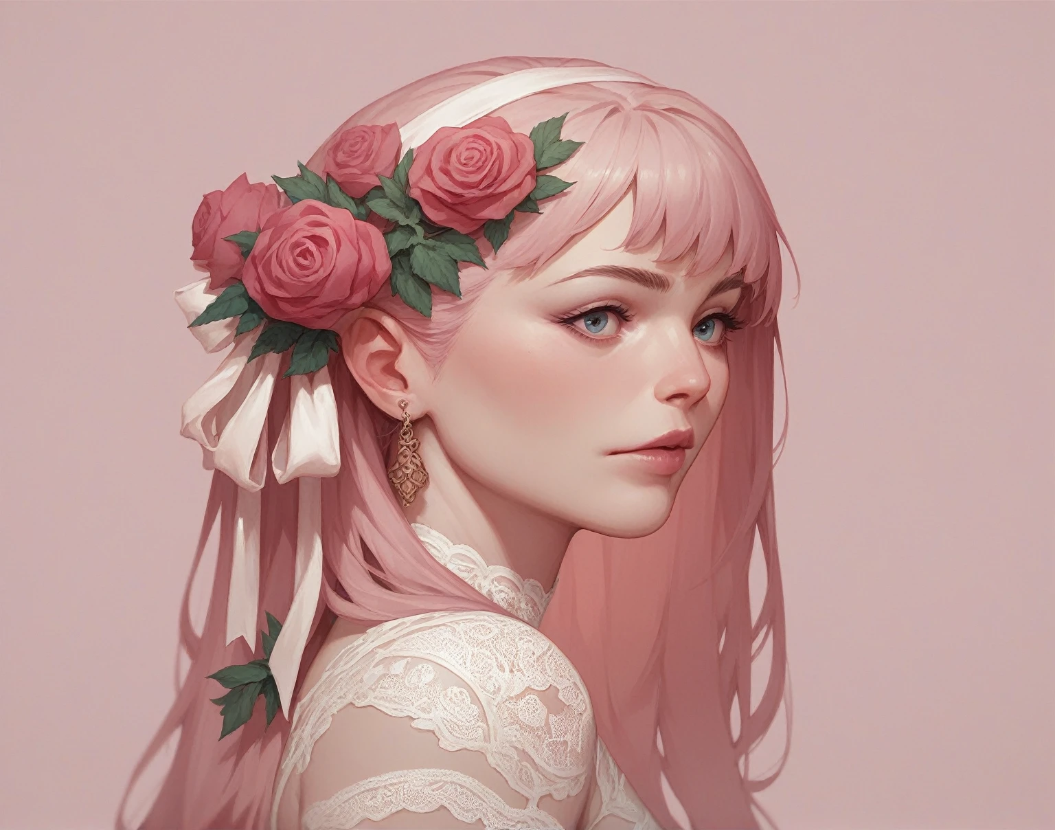 Pink background Lots of satin ribbons Lots of Roses White Lace