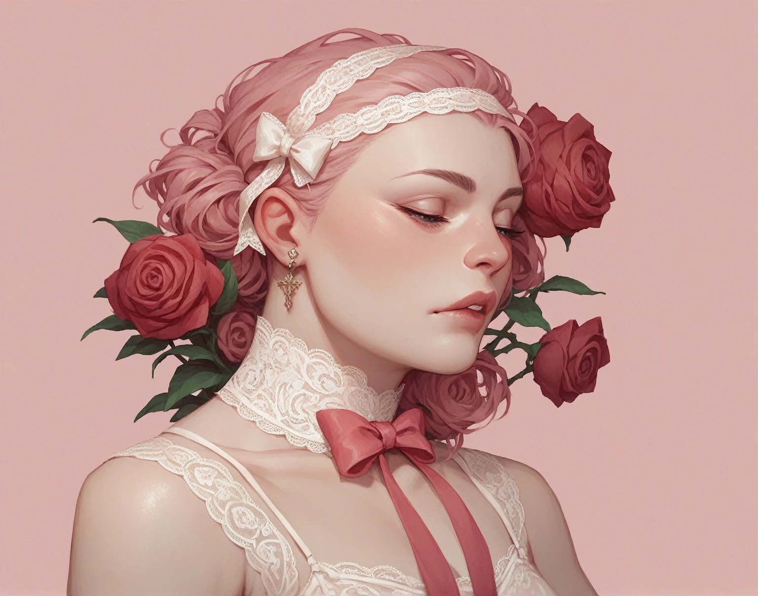 Pink background Lots of satin ribbons Lots of Roses White Lace